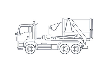 Fototapeta na wymiar Garbage Truck Vehicle in Line. Modern Flat Style Vector Illustration. Social Media Template.