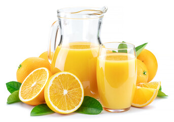 Naklejka na ściany i meble Yellow orange fruits and fresh orange juice isolated on white background.