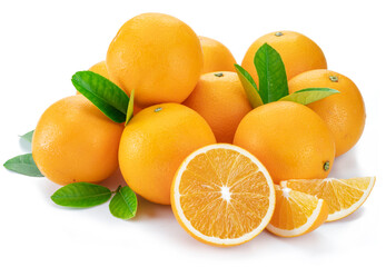 Naklejka na ściany i meble Group of fresh orange fruits and orange slices isolated on white background.