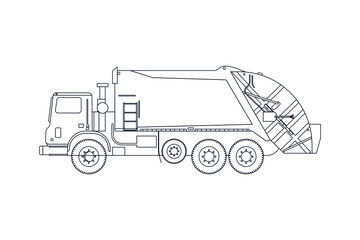 Garbage Truck Vehicle in Line. Modern Flat Style Vector Illustration. Social Media Template.