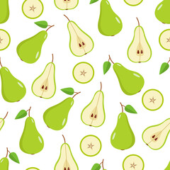 Seamless Pattern Green pear is whole, half and a pear slice on a white background. Vector illustration of ripe juicy fruit pears.