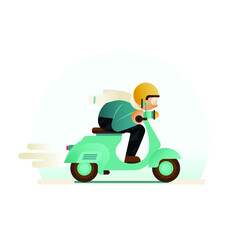 Young Guy with Yellow Helmet Riding Scooter. Vintage Motorcycle Mint Color Isolated On White Background. Flat Vector Illustration. Banner Design. Website template. Landing Page. Icon Concept.