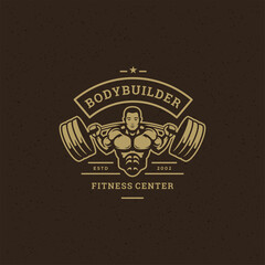 Obraz premium Fitness gym badge or emblem vector illustration bodybuilder man lifting a heavy barbell silhouette