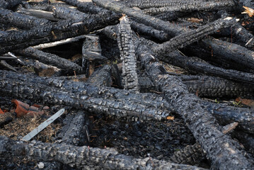 Remains of a burned house logs coal on ground. Insurance, fire accidents and hazard. Protection of emergency situations and tragedy.  