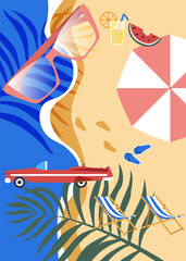 Summer holiday abstract collage. Beach, ocean, drinks, umbrella, palm trees, sunglasses, sun loungers, convertible. Vintage postcard, banner about vacation and summer vacations