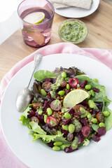 Fresh salad of lentils, edamame, beets, cherry tomatoes, green leaves and homemade pesto sauce. Delicious and healthy salad of legumes and vegetables. Food photography
