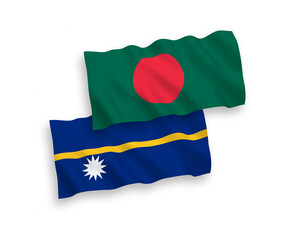 National vector fabric wave flags of Republic of Nauru and Bangladesh isolated on white background. 1 to 2 proportion.