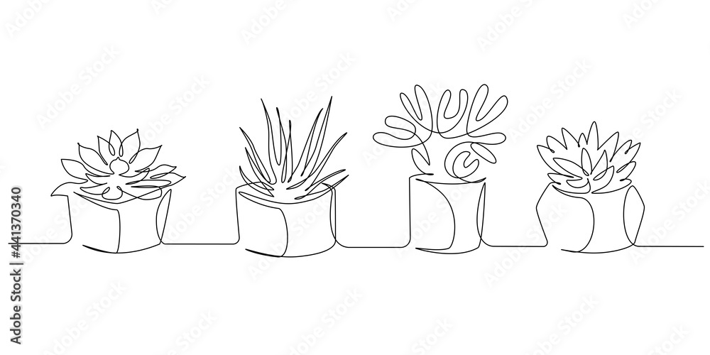 Poster one continuous line drawing of house plants in pots. eco interior with succulents for apartment in s