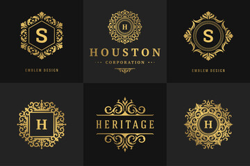 Luxury logos and monograms crest design templates set vector illustration - obrazy, fototapety, plakaty