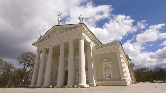 Static footage of The Cathedral Basilica of Vilnius in the spring day. Blue sky with clouds in the background