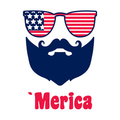 4th of July, Man with moustache, beard. Face of bearded man in glasses with American Flag for Independence Day. Patriotic Hipster for Fourth of July.