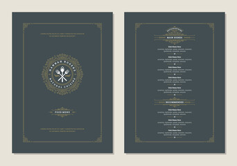 Menu design template with cover and restaurant vintage logo vector brochure.