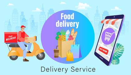 Obraz premium Fast and convenient food delivery. A man on a scooter delivers via a mobile app, ideal for promoting online ordering, restaurant services, and quick home delivery.