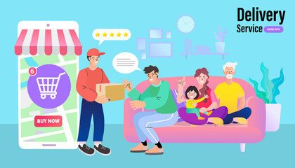 Happy family using a smartphone app, Man carrying a shopping bag, technology and lifestyle concept. vector illustration concept for grocery delivery. 
