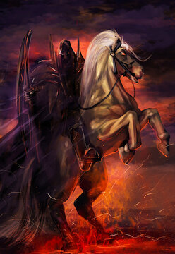 Artwork of the fourth horseman of apocalypse on a pale horse with scythe and burning fire effects.