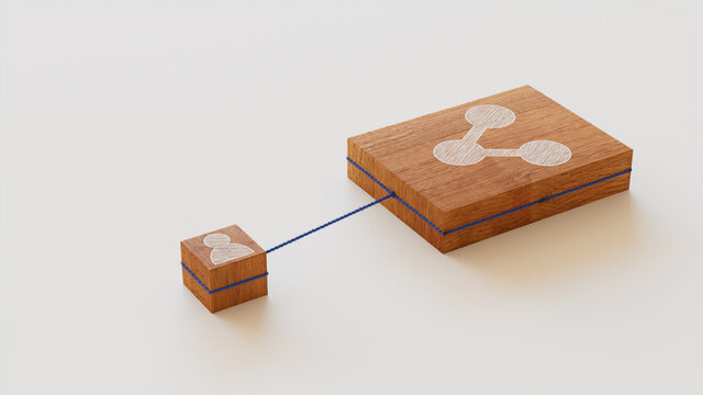 Network Technology Concept with share Symbol on a Wooden Block. User Network Connections are Represented with Blue string. White background. 3D Render.
