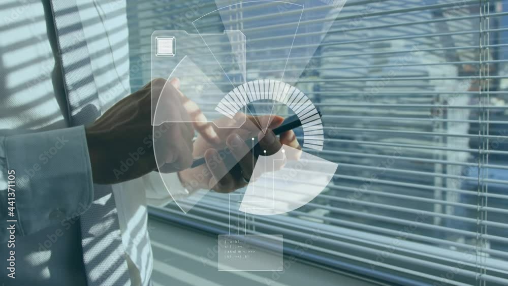 Poster animation of scope scanning and data processing over businessman using smartphone