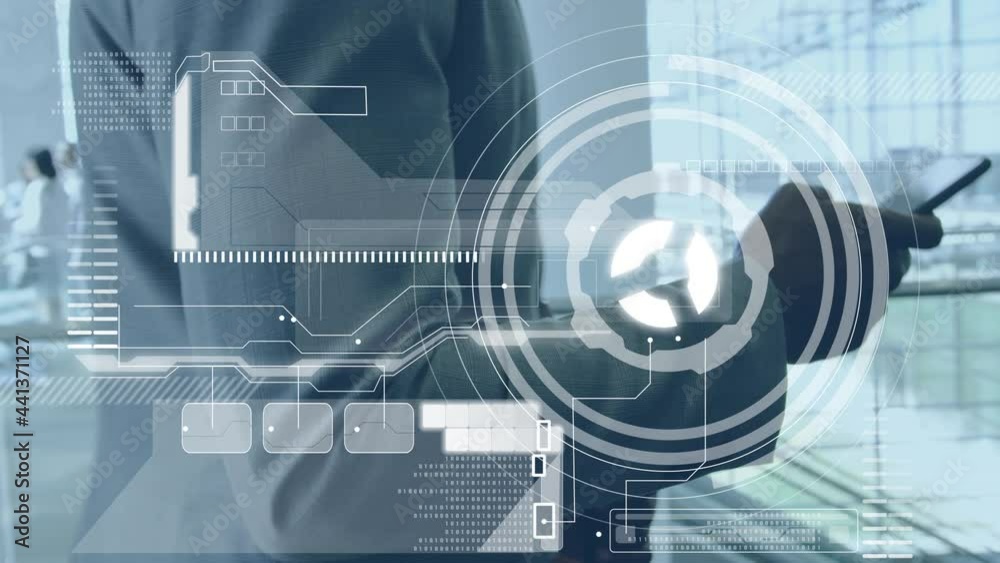 Poster animation of scope scanning and data processing over businessman using smartphone