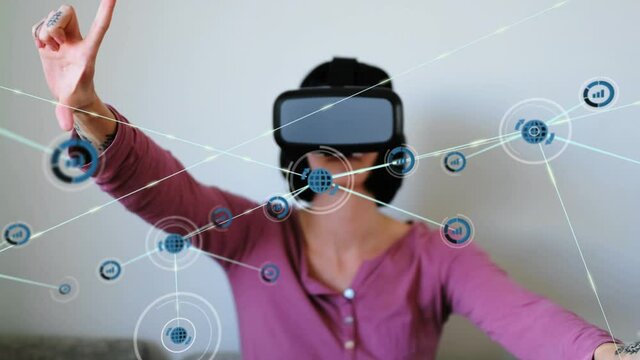 Animation of network of connections with icons over woman wearing vr headset