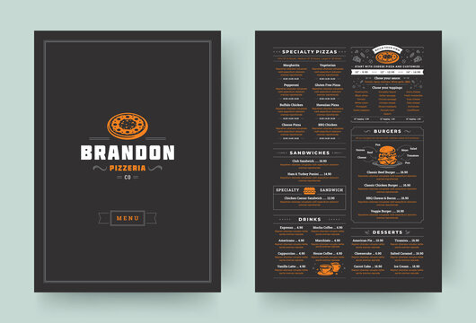 Pizzeria restaurant menu layout design brochure or flyer template vector illustration