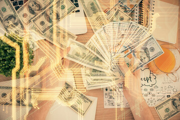 Multi exposure of Tech drawing hologram and USA dollars bills and man hands. Technology concept.