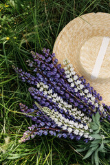 white and purple lupine flowers. The concept of summer picnics. A straw hat and a wicker basket decorated with a bouquet of flowers. home decor in a rustic style. Lupin field in summer.
