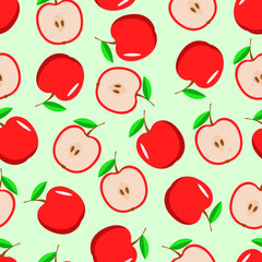 Seamless Pattern Fresh red apple and half apple, vector illustration of ripe fruit.