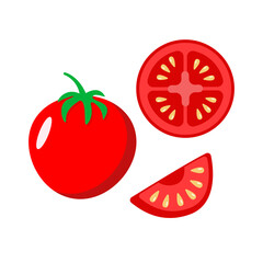 Set of red ripe tomatoes whole and tomato slices with seeds in the cut. Vector illustration of fresh vegetables on a white background isolated.