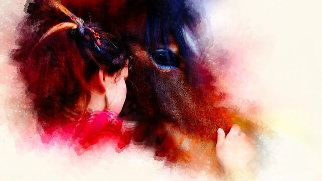 Loving horse and a girl, girl hugging a horse. Portrait woman and horse and softly blurred watercolor background.
