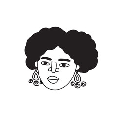 African american woman face, hand drawn logo of negroid race woman with curly hair.Social media avatar, simple icon.Doodle style, minimalism.Isolated.Vector Illustration