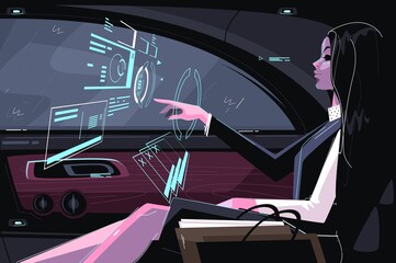 Business girl in car vector illustration. Cute businesswoman sitting in vehicle and working with biz hologram flat style design. Futuristic digital technology concept.