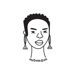 African american woman face, hand drawn logo of negroid race woman with curly hair.Social media avatar, simple icon.Doodle style, minimalism.Isolated.Vector Illustration