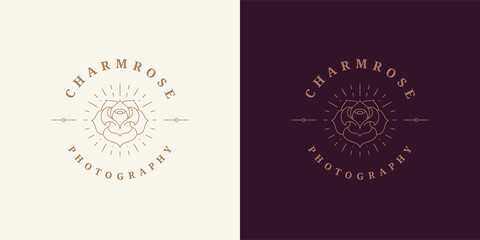 Blooming rose flower logo emblem design template vector illustration in minimal line art style