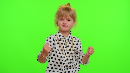 Unhappy frustrated annoyed little blonde teen kid child girl raising hands in displeased expression, quarreling asking reason of conflict, depression. Chroma key background. Young children emotions