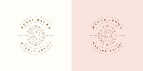Beauty female portrait logo emblem design template vector illustration in minimal line art style