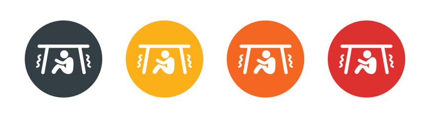 Man sitting under table, protect vibration from disaster icon. Earthquake effect concept
