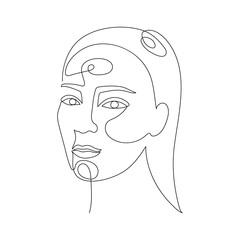 Hand drawn face of young woman, one line art, stylized continuous avatar contour. Doodle, sketch style. Isolated. Vector illustration