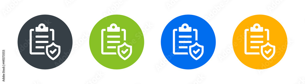 Poster Set of document or report verification icon sign. Insurance policy concept
