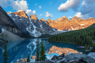 Beautiful sunrise at Rocky Mountains in Moraine lake, Banff National Park, Canada.
