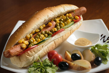 Long hot dog with two sausages close-up, with green peas and corn, with slices of tomatoes and cucumbers, on a white plate with mustard, potatoes and cherry tomatoes
