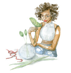 Watercolor illustration of a florist woman and her workplace, flowers. Hand-drawn clip art isolated on white background illustration.