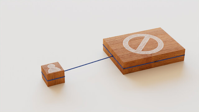 Restricted Access Technology Concept with Prohibition Symbol on a Wooden Block. User Network Connections are Represented with Blue string. White background. 3D Render.