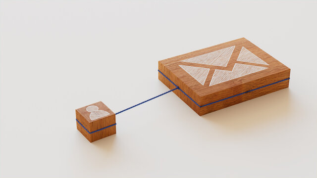 Email Technology Concept with Envelope Symbol on a Wooden Block. User Network Connections are Represented with Blue string. White background. 3D Render.