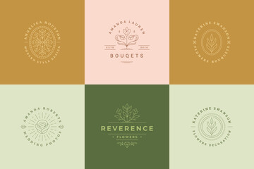 Flower logos emblems design templates set with botanical plants and rose vector illustrations minimal linear style.