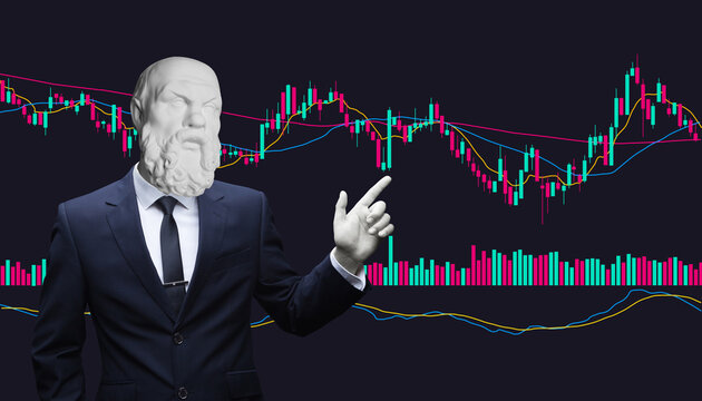 Collage of contemporary art. Photo of successful mature Socrates man in suit and tie advertising and pointing finger on golden bitcoin isolated over dark gray background. The man in a suit.