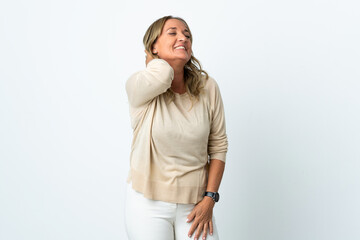 Middle aged blonde woman over isolated white background with neckache