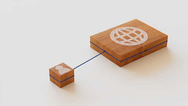 Internet Technology Concept with web Symbol on a Wooden Block. User Network Connections are Represented with Blue string. White background. 3D Render.