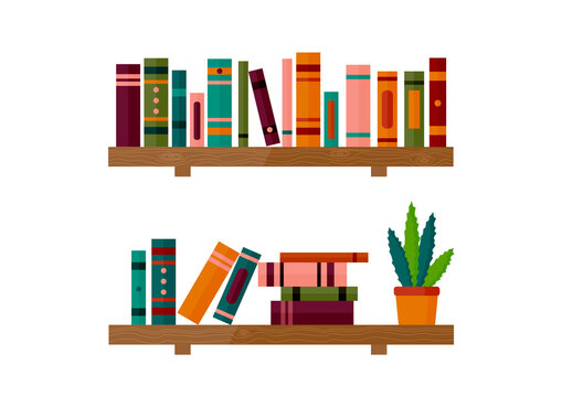 Flat bookshelves. Shelf book in room library, reading book, office shelf, school bookcase and bookshelf. Racks with books and plants. Colorful books in cartoon style. Vector illustration.