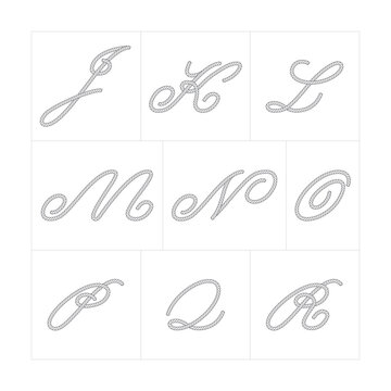 Vector alphabet characters composed of rope. Characters J to R. Isolated on white background.