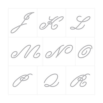 Vector alphabet characters composed of rope. Characters J to R. Isolated on white background.